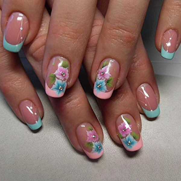 Pink and blue jumping color French press on nail