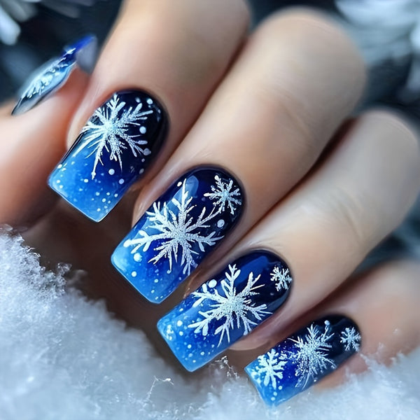 24pcs-set-press-on-nails blue snowflake