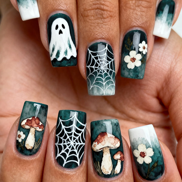Dark green ombre ghost mushroom floral spider web