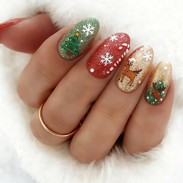 Snowflake glitter decorative almond manicure