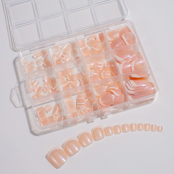 240 Pcs Glitter French white edge manicure short almond nail