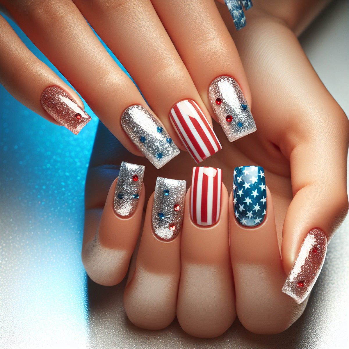 Striped star design fake nail piece