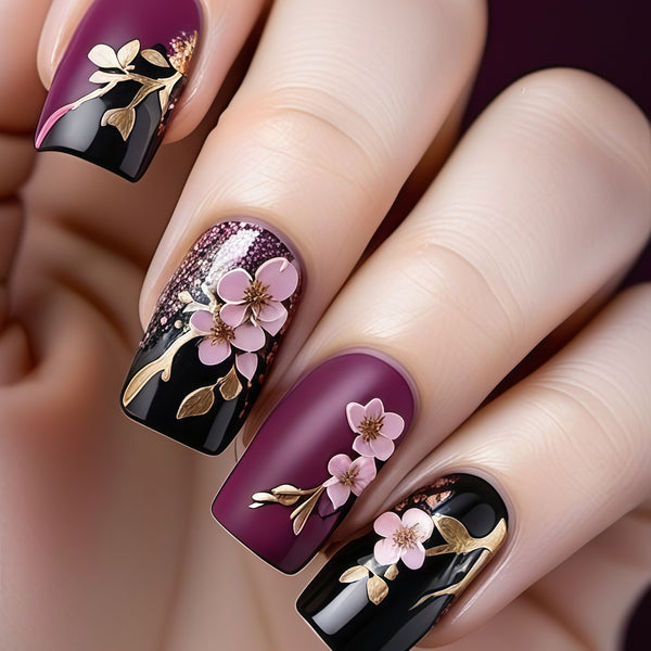Cherry Blossom Metal Branches Crimson Painted Nail Art