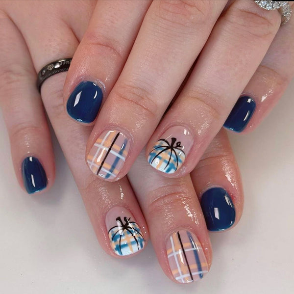 Dark blue plaid pumpkin hand-painted press ons