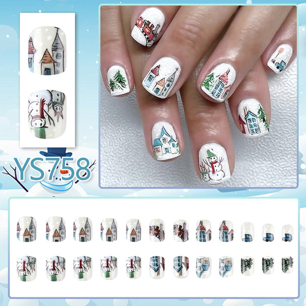 Short Square Nail Snowflake Snowman White Nail Piece