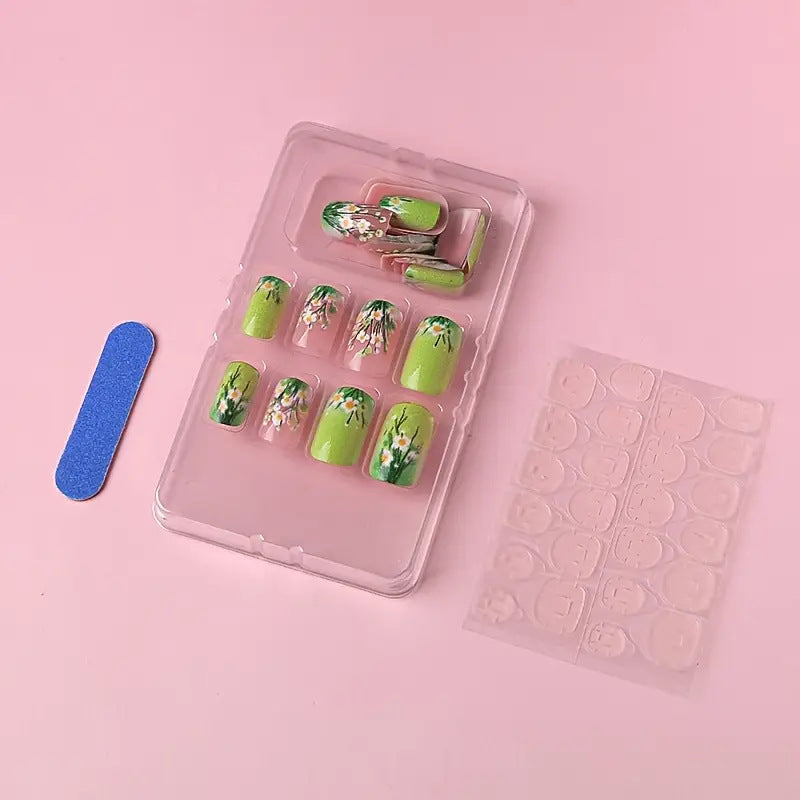 Green flower gradual change fake nail patch