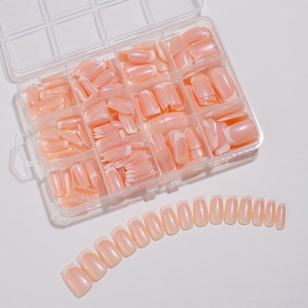 240 Pcs Glitter French white edge manicure short almond nail