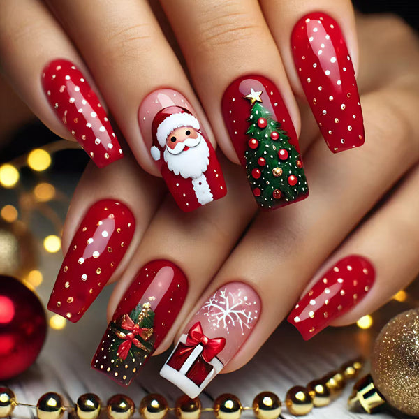 Red Santa Claus Christmas tree manicure