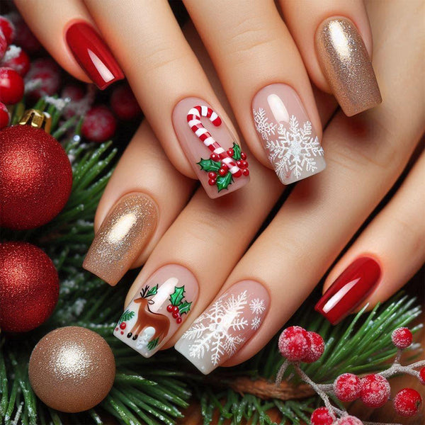 Snowflake Deer Golden Red Nail Art