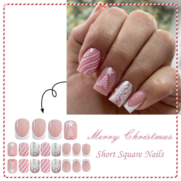 24pcs/Set Press On Nails JB977 pink Christmas tree