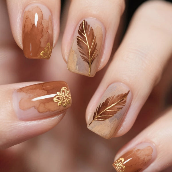 Golden Flower Feather Nail Art