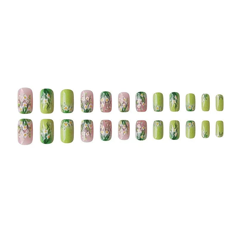 Green flower gradual change fake nail patch