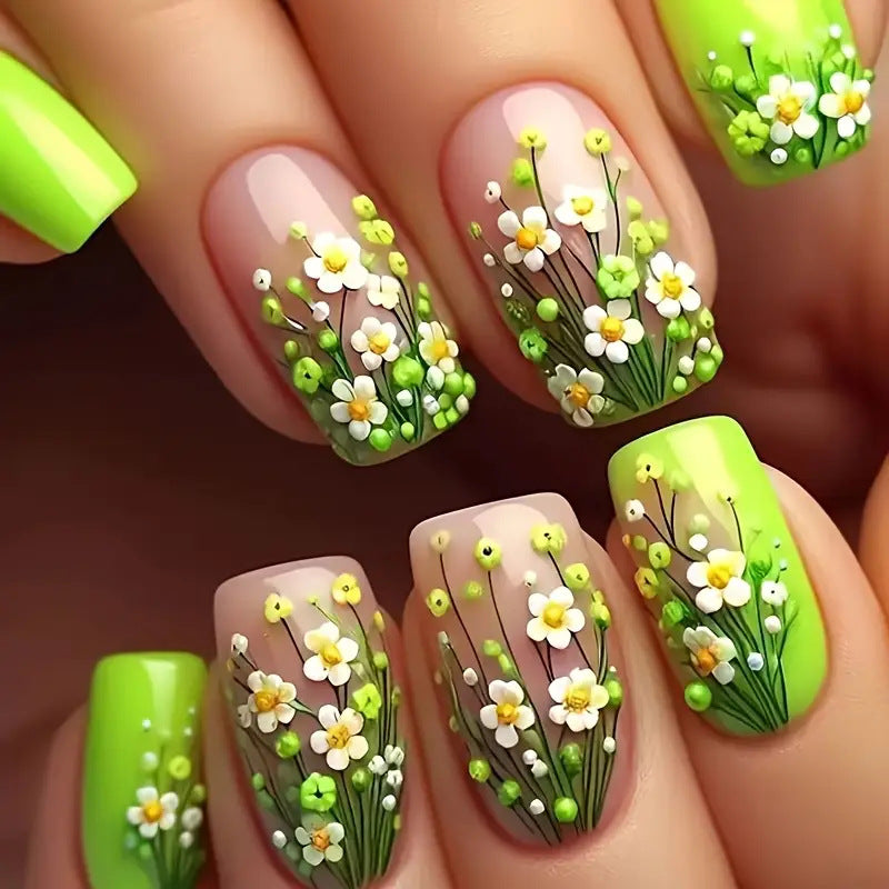 Green flower gradual change fake nail patch