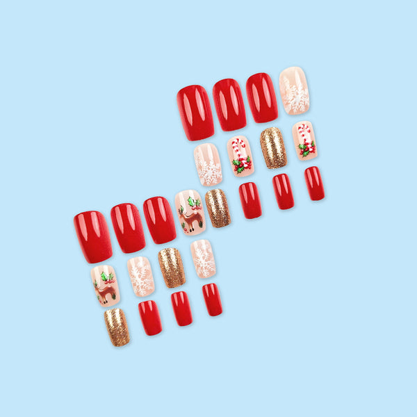 Snowflake Deer Golden Red Nail Art