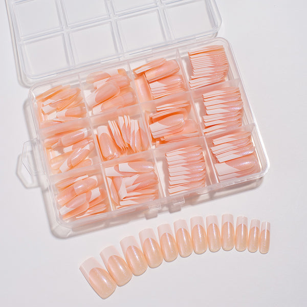 240 Pcs Glitter French white edge manicure short almond nail