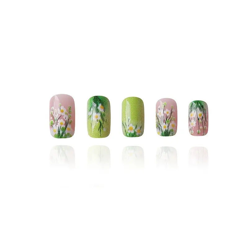 Green flower gradual change fake nail patch