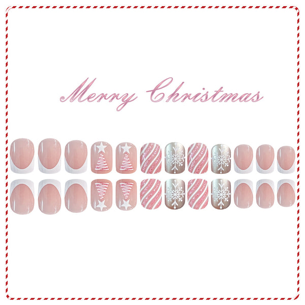 24pcs/Set Press On Nails JB977 pink Christmas tree
