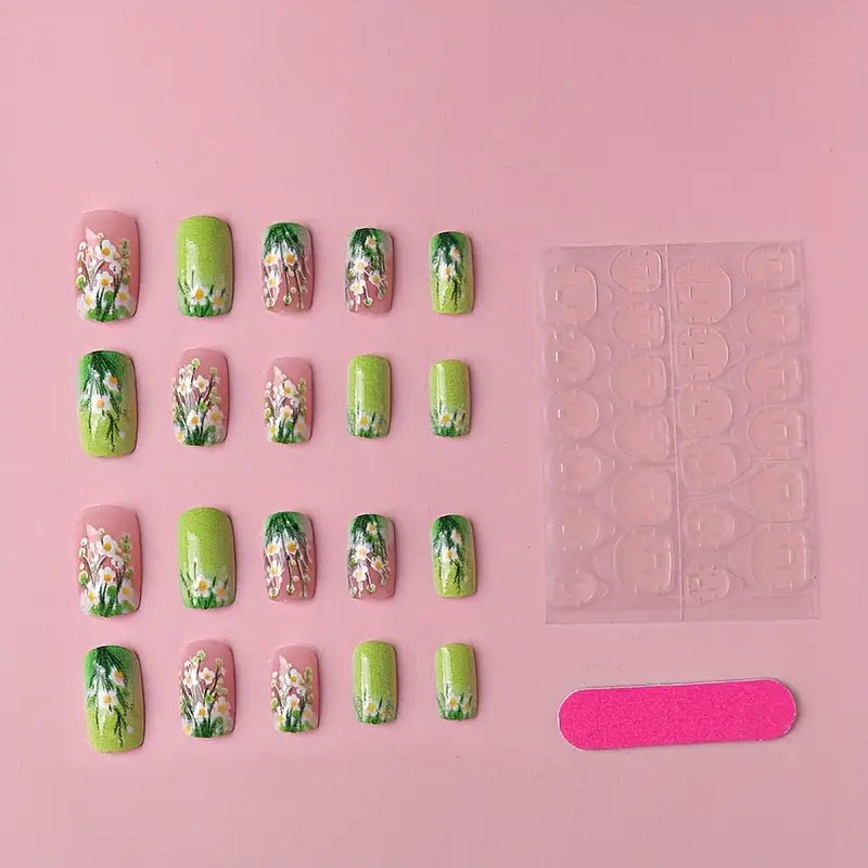 Green flower gradual change fake nail patch