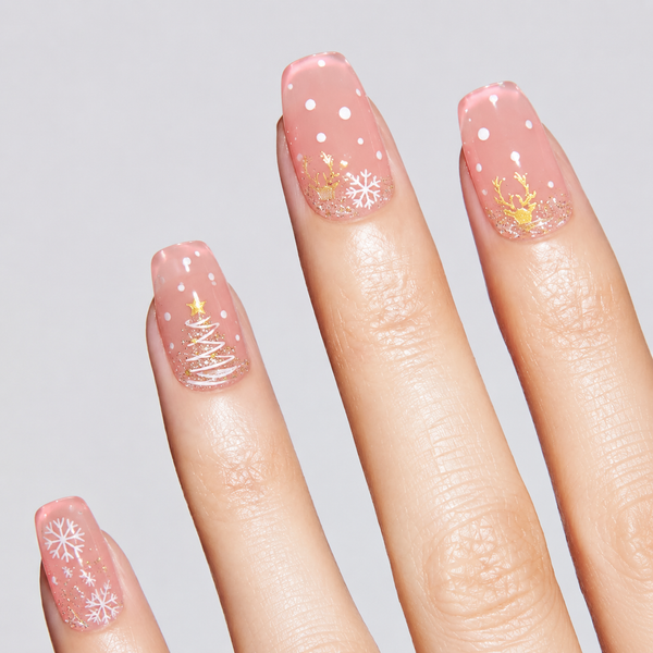 Christmas Pink Reindeer Snowflake Glossy Gel Nail Stickers