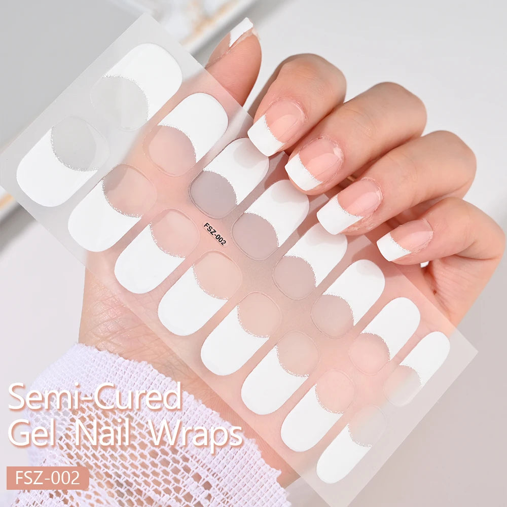 Spring Nail Wraps 16Tips French White Edge Semi-Cured Gel Nail Wrap – Napretty