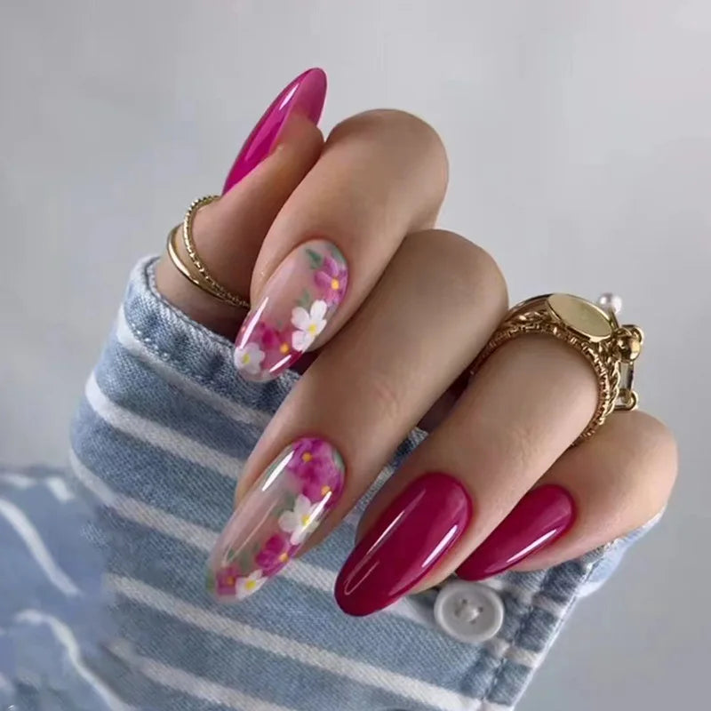 24pcs/Box Fresh Floral Almond False Nails