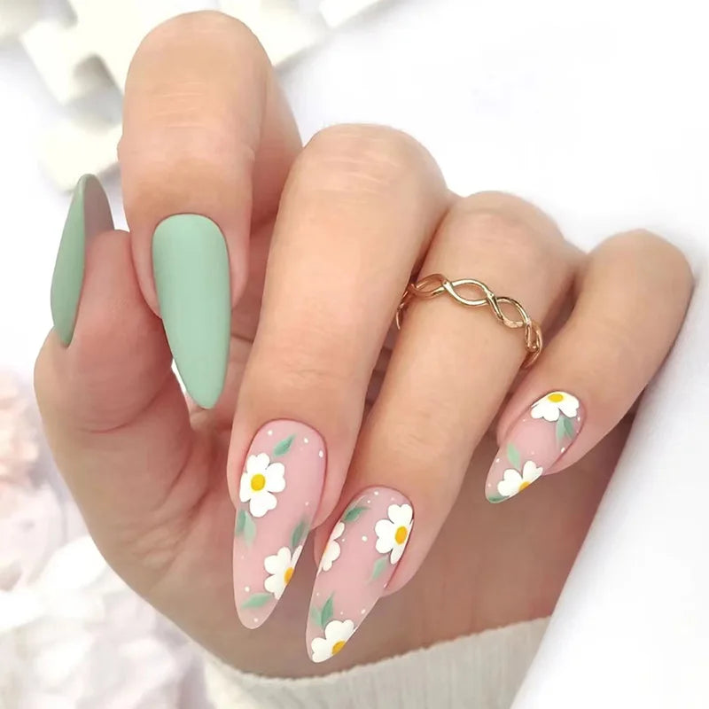 24pcs/Box Fresh Floral Almond False Nails