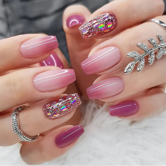 24pcs Glossy Purple and Pink Gradient Press On Nails