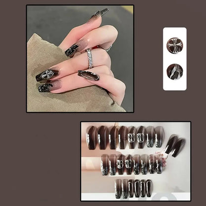 Black Square Press On Nails with 3D Cross Designs