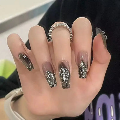 Black Square Press On Nails with 3D Cross Designs