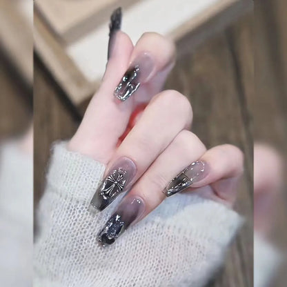 Black Square Press On Nails with 3D Cross Designs