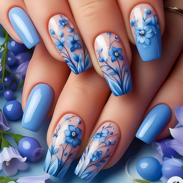 Lot de 24 faux ongles press-on bleus à fleurs