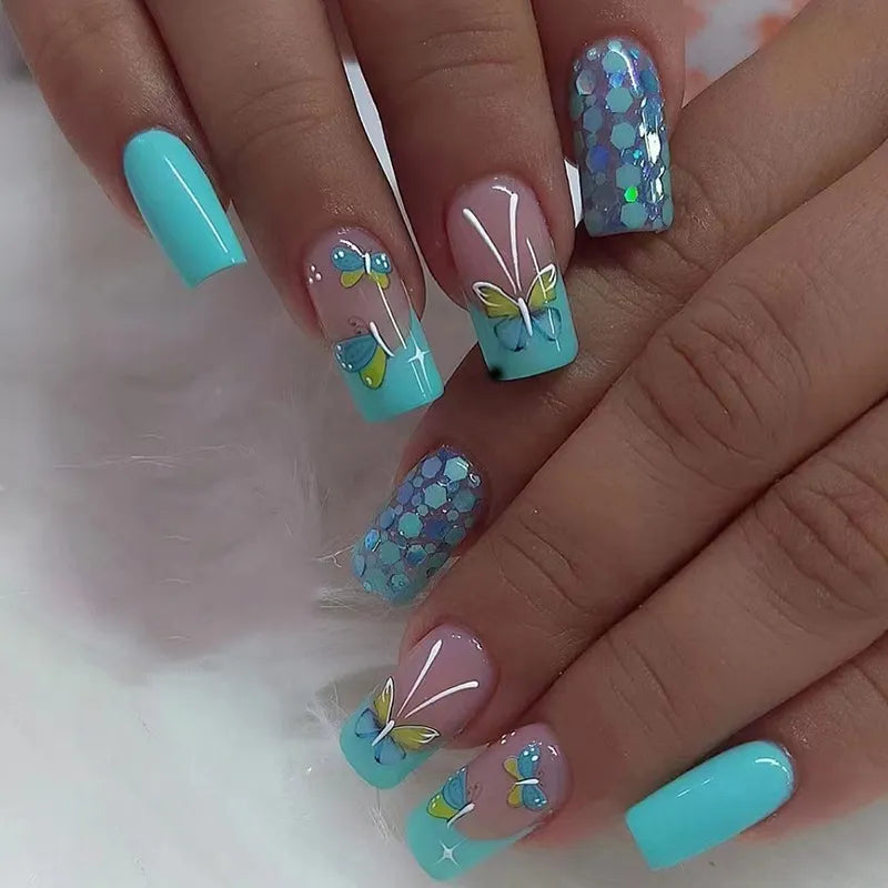 Hot Blue Green Butterfly Nail Art Square False Nails