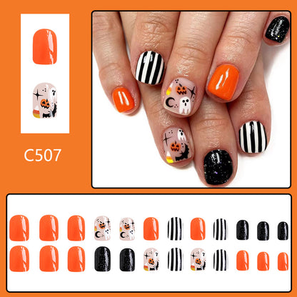 Short square pumpkin bat fake nails