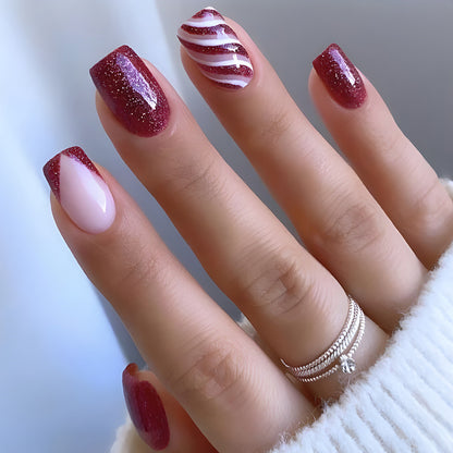 Red and white plaid fake nails