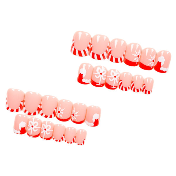 Short square red white snowflake nails