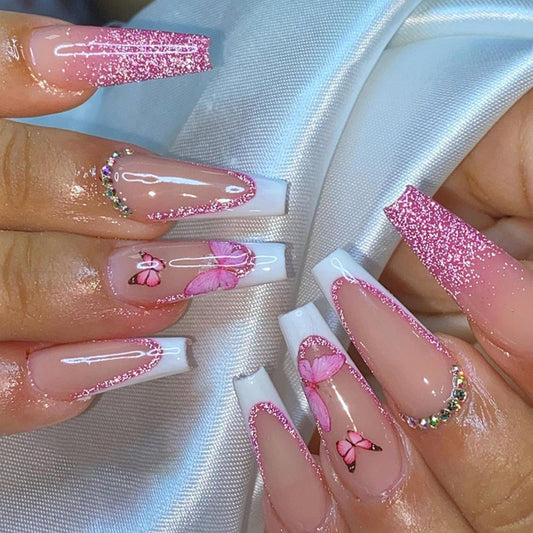 Long Ballet Pink Sparkling Pink Diamond Wearing Nail