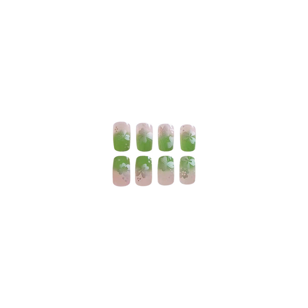 Gradient green clover short square nails