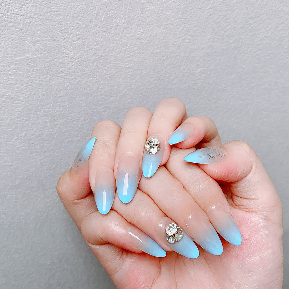 30 pointed nude color gradient blue manicures