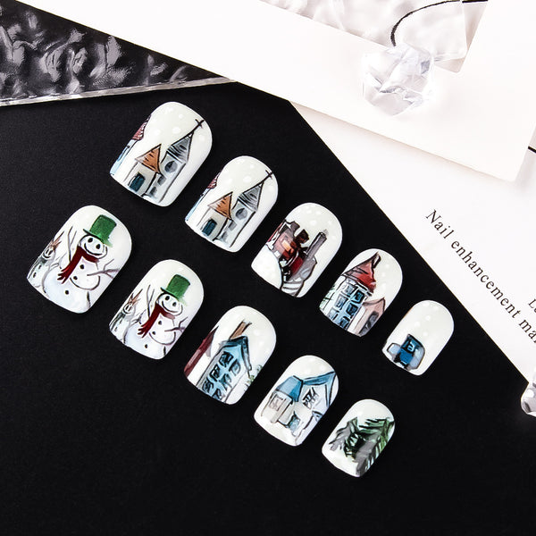 Short Square Nail Snowflake Snowman White Nail Piece