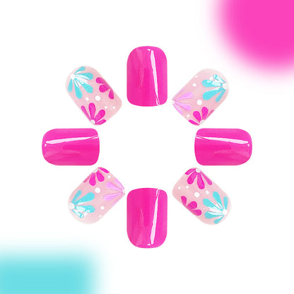 24 light blue pink flower wearable nail patches