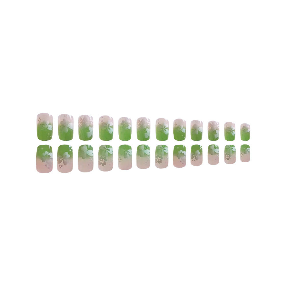 Gradient green clover short square nails