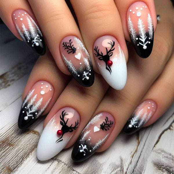 Christmas Elk Themed Nail Art Almond Nail Art
