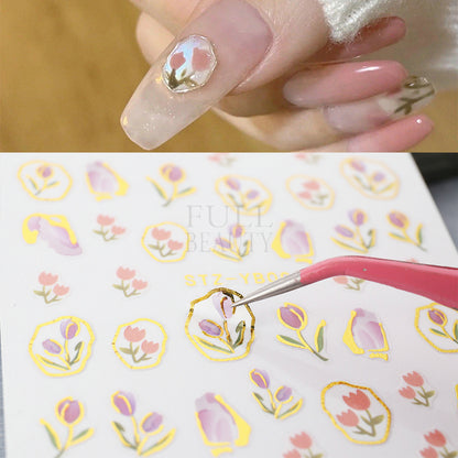 Tulip gilded edge fresh flower adhesive nail sticker