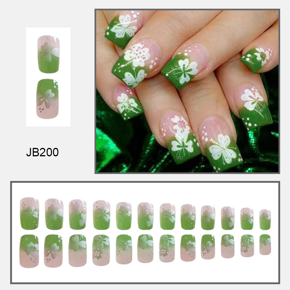 Gradient green clover short square nails