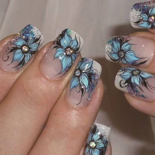 Romantic blue enchantress flower press on nail