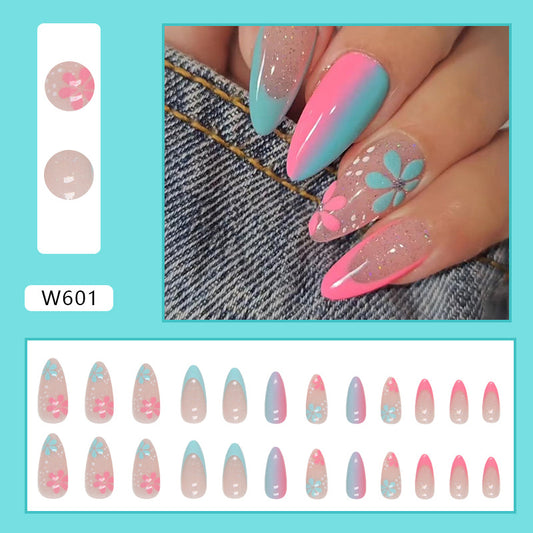 Blue-pink mandarin duck gradient round head fake nails