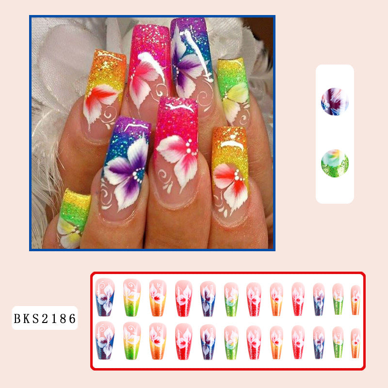 Fake nails nail plate with colorful flowers