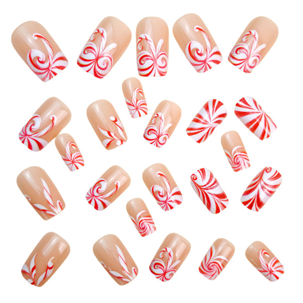 Nude striped red and white color matching fake nails