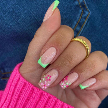 Green pink flower nail stickers