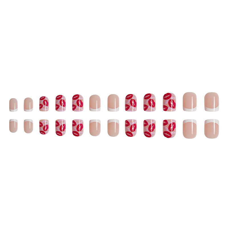 Short and shiny Valentine's Day red lips French white border fake nail